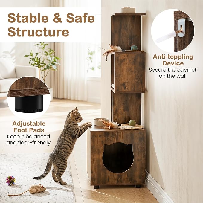 PETSITE Cat Litter Box Furniture with 3 Shelves and Doors, 56 inch Tall Cat Box Enclosure with Display Shelves and Side Entry, Indoor Hidden Litter Box with Decorative Storage Shelving (Rustic Brown) - Image 8
