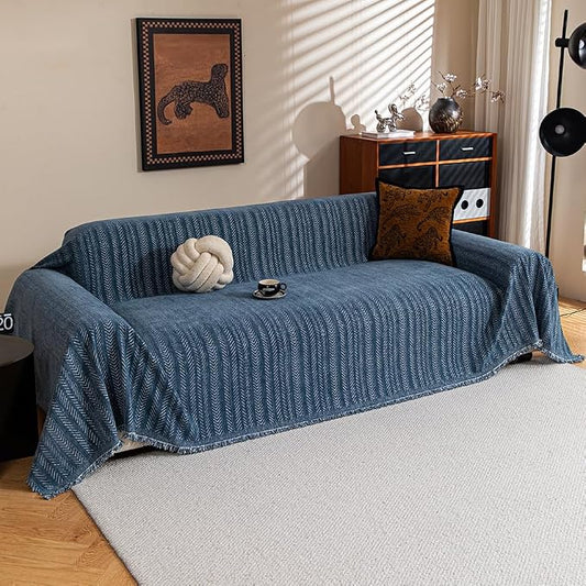 Sofa Covers for 2 Cushion Couch Sofa, Loveseat Non Slip Couch Cover Chenille Strip Couch Throw Blankets with Tassels, Sectional Sofa Slipcovers Furniture Protector for Pets, Kids 71"x118", Dark Blue by BEDDING