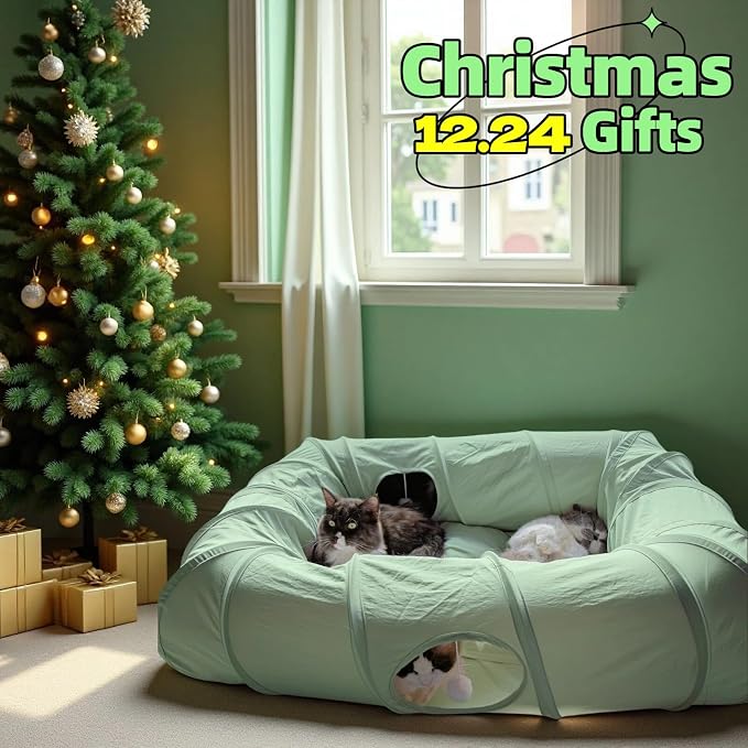 XxingSheep 4 Ways Shuttled XL Cat Tunnel Bed for Indoor Cats Peekaboo Cat Cave Donut with Cool Mat (Green) - Image 2
