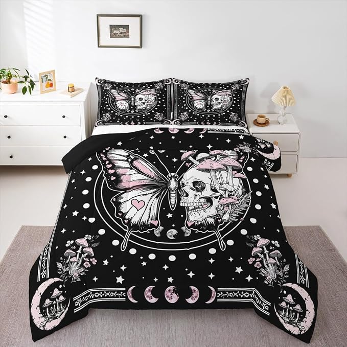 Gothic Skull Moth Comforter Sets Full Size,Boho Starry Moon Galaxy Bedding Comforter for Kids Girls Boys,Mushmoon Flowers Leaves Quilt Sets for Bedroom Decor,Duvet Insert,2 Pillowcase,Black Pink - Image 5