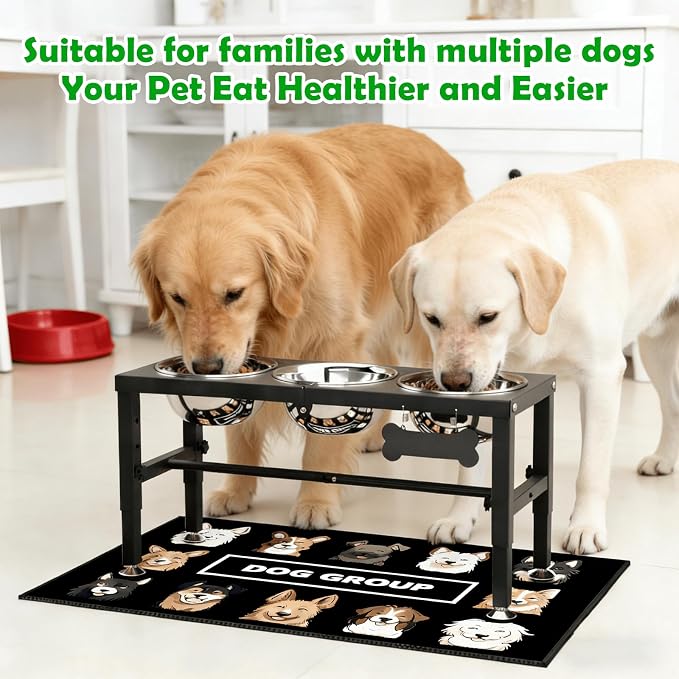 SHAINFUN Metal Elevated Dog Bowls Stand for Large Dogs with Mat & Three 58oz Food Water Bowls, Adjustable Height Raised Dog Bowl Stand - Image 3
