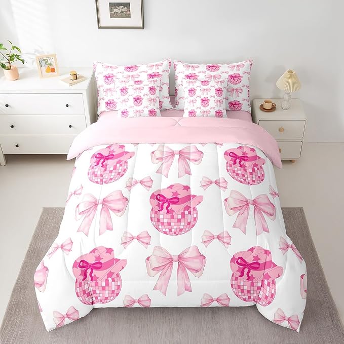 Erosebridal 7 Piece Pink Bowknot Full Bedding Set for Girls Women,Western Cowgirl Kids Comforter Set,Disco Ball Duvet Set,Rustic Farmhouse Cowboy Quilt Comforter,Hippie Bow Valentine Day Sheet Set - Image 2