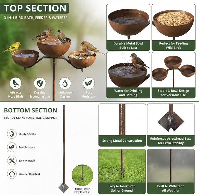 Rusty Rain Catcher Garden Stake - Adjustable Metal Bird Feeder and Bath Bowl, Vintage Outdoor Decor for Lawn Yard Landscaping, Attracts Birds and Beneficial Insects - Image 2