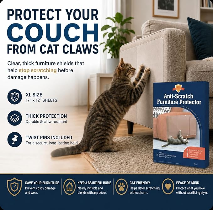 Stelucca Amazing Shields Cat Scratch Furniture Protector - 6 Pack XL | 17" x 12" sheets, sofa guard, claw- deterrent pet coverage, self-adhesive with 50 twist pins, cuttable to fit - Image 6