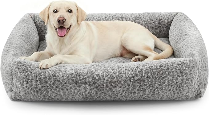 JOEJOY XL Dog Beds Large Sized Dog, Removable Washable Cover Orthopedic Soft Faux Rabbit Fur Pet Bed, Anti-Slip Fluffy Plush Faux Rabbit Fur Puppy Bed, 42"x36"x9", Leopard Print, Grey by JOEJOY