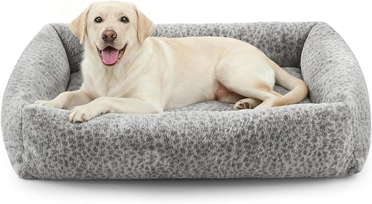 JOEJOY XL Dog Beds Large Sized Dog, Removable Washable Cover Orthopedic Soft Faux Rabbit Fur Pet Bed, Anti-Slip Fluffy Plush Faux Rabbit Fur Puppy Bed, 42"x36"x9", Leopard Print, Grey by JOEJOY