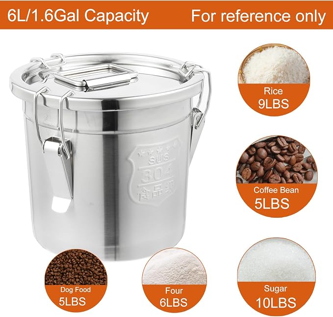 DYNAMI 304 Stainless Steel Containers With Lid,202oz Airtight Flour Container for Kitchen,5-10lbs Metal Airtight Canisters Milk Jug Coffee Bean Cookies Canisters w/Locking Clamp (6L/1.6Gal) - Image 3