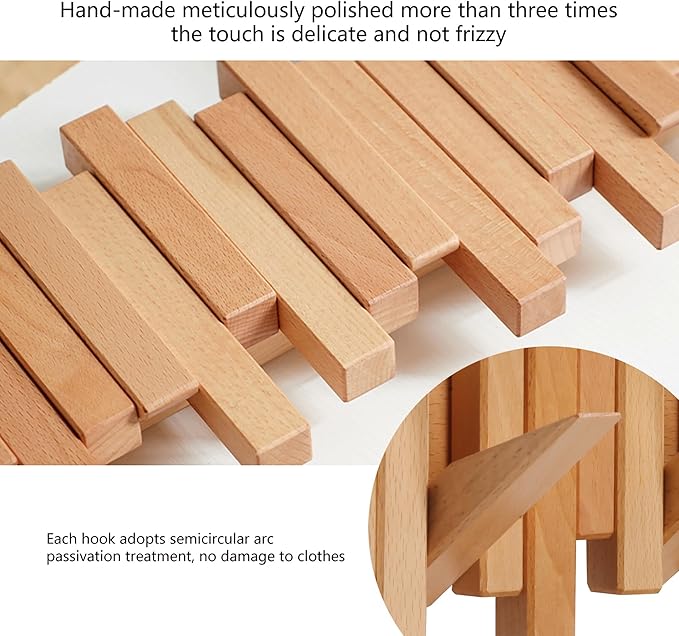 Coat Rack Wall Mount Piano Flip Down Wall Hook Rack 6 Hooks Beech | Natural Wood Handmade Unique Hanger for Coats Bag Hat Umbrella key Wall Art In the foyer living room bedroom bathroom office - Image 4