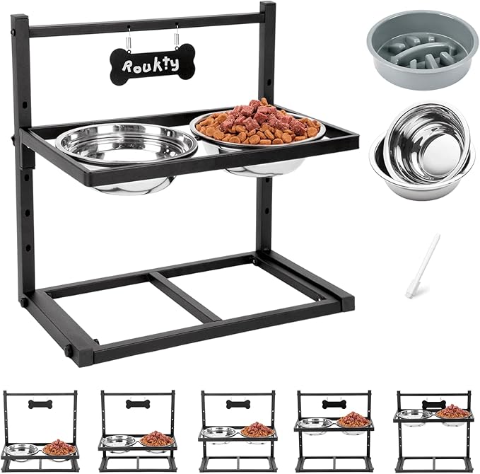 ADENGL Elevated Dog Bowls with Slow Feeder Dog Bowls, 5 Height Adjustable Raised Bowl Stand with 2 Stainless Steel Food & Water Container, Pet Bowl Elevated for Medium Large Pet by ADENGL