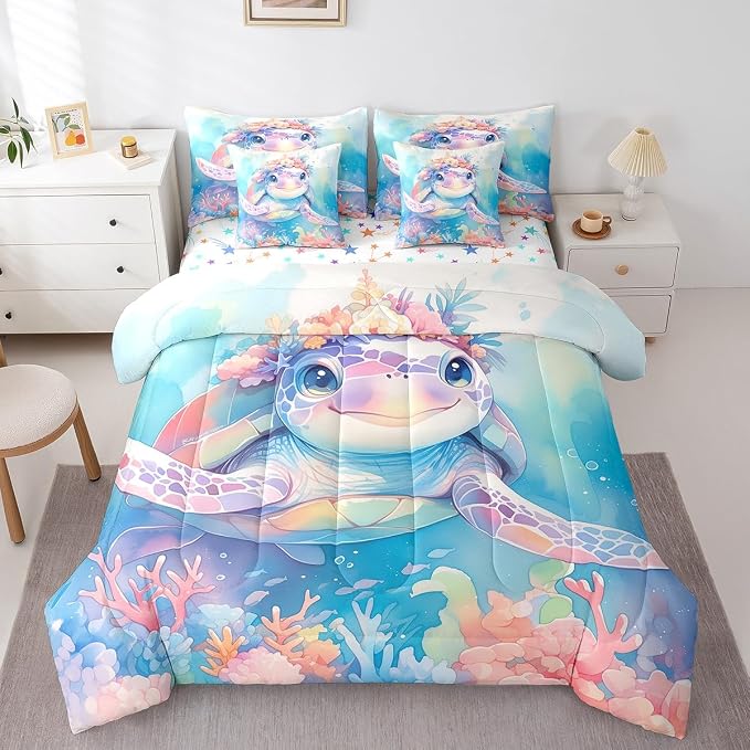 Erosebridal Tortoise King Size Comforter Set with Sheets, Ocean Animal Bed in A Bag for Kids Teens Youth Adults Bedroom, Underwater World Sea Animal 7 Pcs Bedding Set, Watercolour Coral Bed Sets - Image 3
