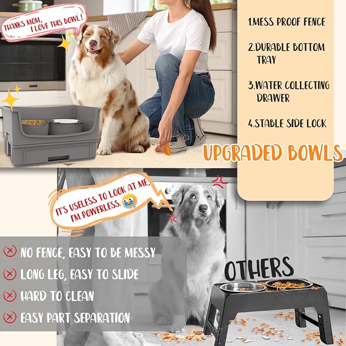 Elevated Dog Bowl Stand Set,Quiet Eating Mess Proof Raised Dog Bowls 2 Stainless Steel Pet Food Bowls,Splash Water Collection Non-Slip Medium Sized Feeding Table - Image 5