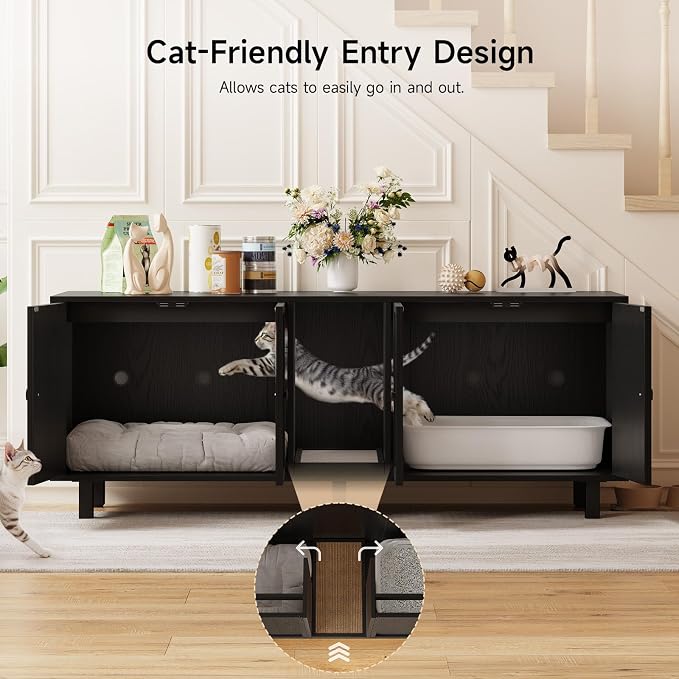 ONBRILL 63 Inches Cat Litter Box Enclosure for 2 Cats, Hidden Litter Boxes Furniture with Cat Scratch Pad, Large Indoor Pet House with Double Room, Wooden TV Stand Side Table, Black - Image 4