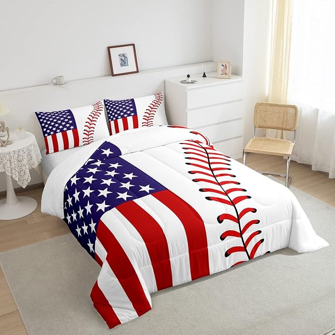 American Flag Comforter Set Twin,Abstract Baseball Bedding Set 2pcs for Kids Teens Boys Man Adult Room Decor,Ball Sports Games Fashion Quilt Set,Red & White Simple Duvet Insert with 1 Pillowcase - Image 2