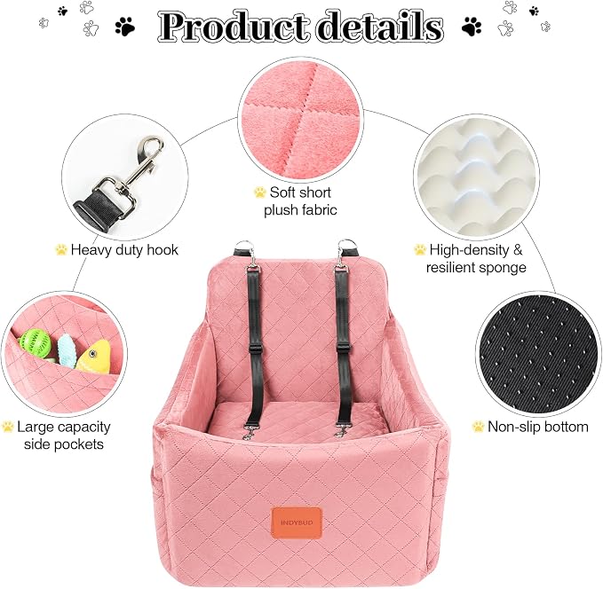 Dog Booster Car Seat for Dogs up to 35lbs, Safety Pet Car Seats with Anti-Slip Bottom, Travel Booster Dog Bed with 2 Storage Pockets (Pink, Medium) - Image 3