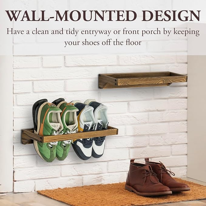 MyGift Set of 4 Rustic Burnt Solid Wood Hanging Shoe Storage Organizer Racks, Wall Mounted Space Saving Footwear Holder for Closet, Mudroom, Entryway, Holds 8 Pairs - Image 3
