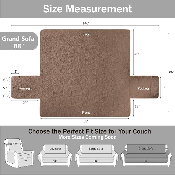 Quilted Grand Sofa Covers Washable, Couch Cover for Grand Sofa, Soft Cozy Couch Protector for 4 Cushion Couch, Oversized Grand Sofa Slipcovers Water-Repellent (Grand Sofa 88", Raw Umber) - Image 6