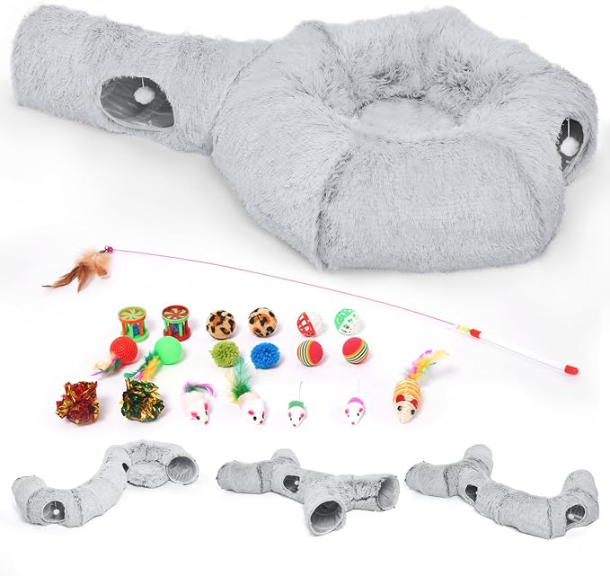 Cat Tunnels Bed with 1 Straight Tunnel and 20 Pet Toys - 5 Shapes DIY Indoor Cats Cave - Detachable Soft Cat Donut for Kitten Puppy Rabbit Ferret - Image 7
