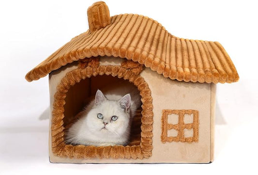 Jiupety Bear Cat Houses for Indoor Cats, Chimney Cute Cat Bed Cave, Enough Interior Space, Cartoon Soft Pet House Up to 3-7 lbs Kitten, Brown by JIUPETY