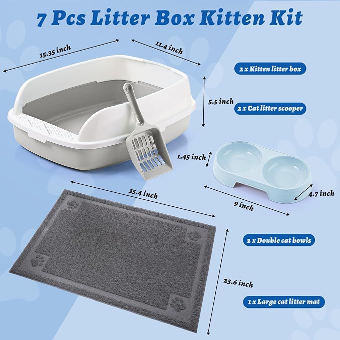 Sliner 7 Pcs Kitten Litter Box Starter Kit, 2 Plastic Small Kitty Litter Box Training Low Entry with Scoop, 2 Double Cat Bowl and Mat for Kitten Indoor(Gray) - Image 2