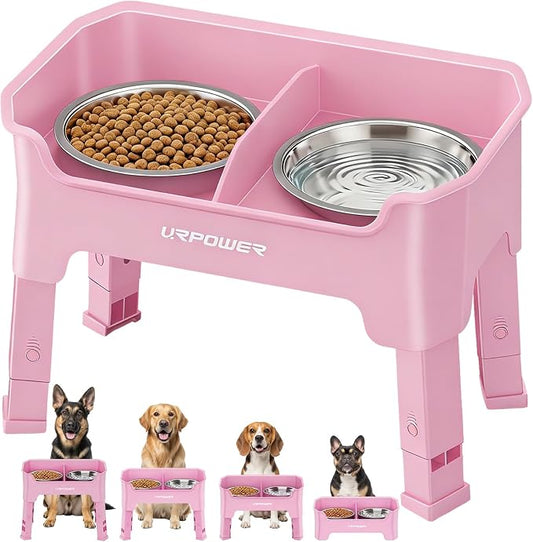 URPOWER Mess Proof Elevated Dog Bowls, Splash Guard Raised Bowl Stand | 4 Height Adjustable Raised Stand with 2 Stainless Steel Food Bowls & Licking Plate for Small, Medium & Large Dogs by URPOWER