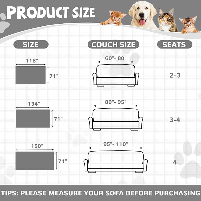 Waterproof Non-Slip Couch Cover for Pets & Dogs, Gray 71" x 134" | Pet Sofa Cover, Washable, Pet Friendly, Anti Cat Scratch, Furniture Protector, for 3 Cushion Couch Sectional L Shaped Sofa - Image 9