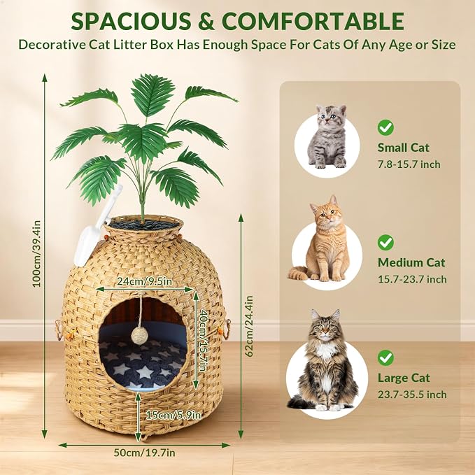 Cat Hidden Litter Box Enclosure Furniture, Handwoven Rattan Cat House with Decorative Faux Plant, Cat Litter Box with Scoop & Sisal Ball, Real Stones for Living Room, Bedroom, Corner Natural - Image 3