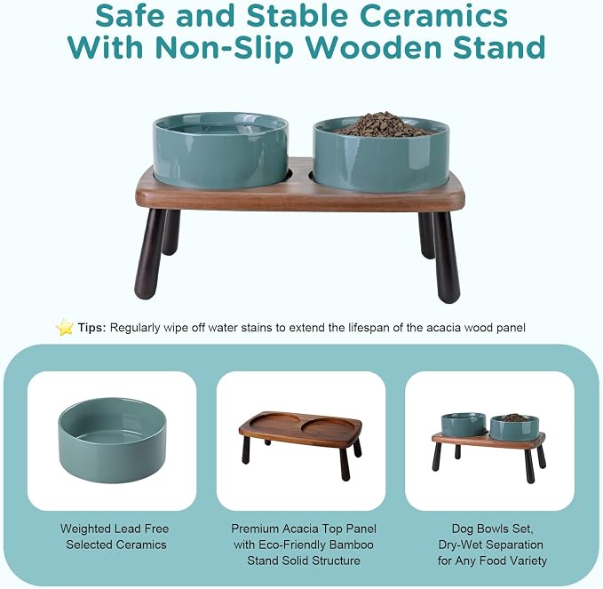 SPUNKYJUNKY Ceramic Elevated Dog Bowls Raised with Acacia Bamboo Wooden Stand, 6.1'' Dog Cat Food Water Bowls Set Non-Slip for Small Medium Sized Breed Microwave Dishwasher Safe - 28.7 OZ,Dark Green - Image 5