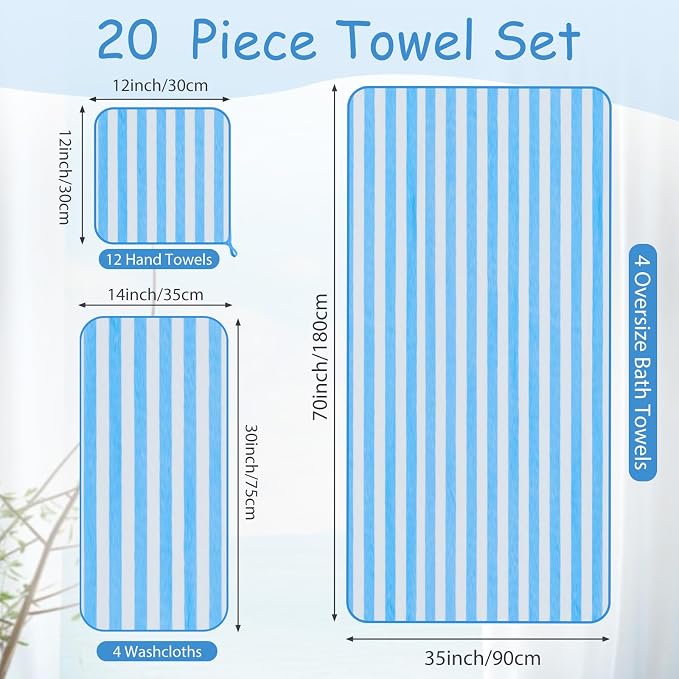 SmoothNovelty 20 Pack Microfiber Towels Bulk 4 Oversized Bath Towel 35 x 70 inch 4 Hand Cloth 12 Washcloth Large Soft Highly Absorbent for Beach Shower Bathroom Pool Salon Hotel (Blue,Stripe) - Image 2