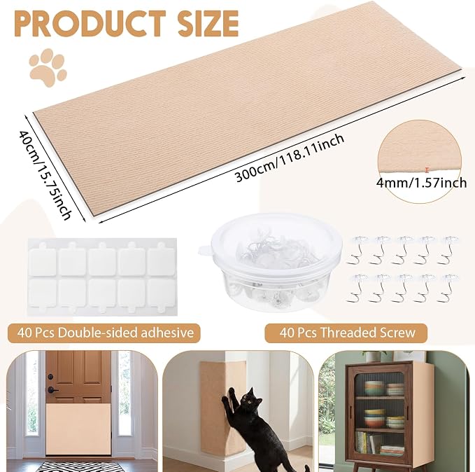 4 Pcs 118" x 15.8" Khaki Cat Scratch Mat, Trimmable Self-Adhesive Cats Scratch Carpet Couch Protector from Claw with Screws for Covering Cat Tower and Replacement Pads Wall Protector - Image 2