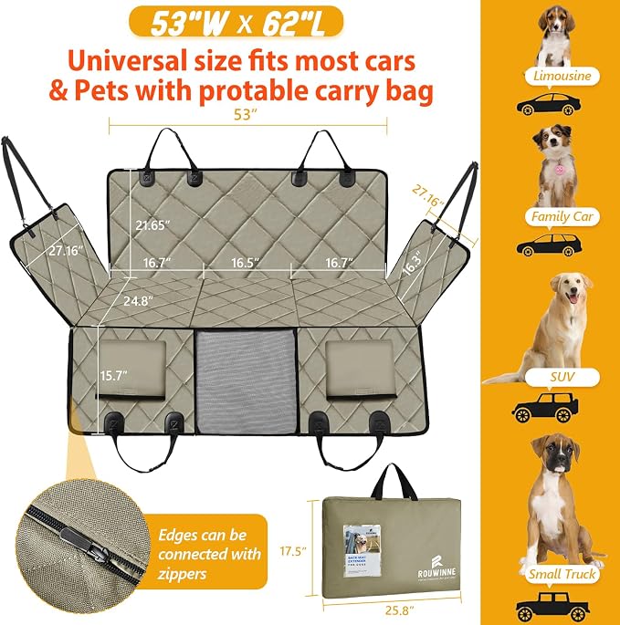 Back Seat Extender for Dogs-Large Space, Dog Car Seat Cover Hard Bottom Holds 420lbs, Sturdy Backseat Extender for Dogs, Upgraded Waterproof Pet Car Bed Dog Hammock for Car SUV, Truck Khaki - Image 4