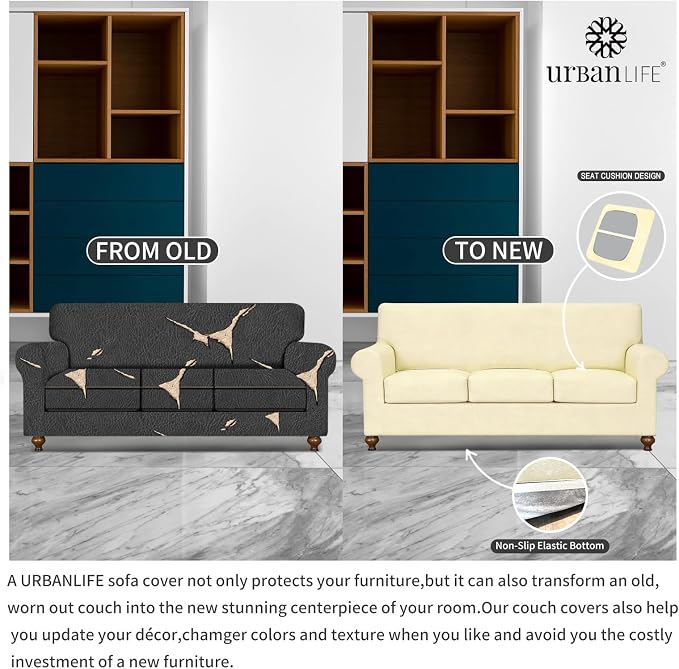 URBANLIFE 4-Piece Stretch Sofa Covers for 3 Cushion Couch, Cream | Super fitted spandex slipcovers for couches. Non-slip elastic bottom. Machine washable furniture protector for kids & pets. - Image 5