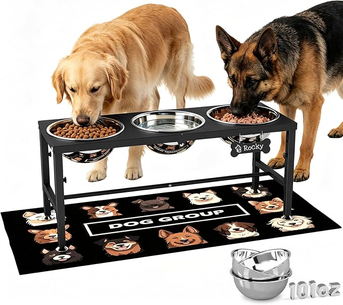 Extra Large Elevated Dog Bowls, 4 Adjustable Height with Three 101oz/3000ml Large Stainless Steel Bowls and Splash pad, Raised Dog Bowl Stand for Large and Extra Large Breeds by ADENGL