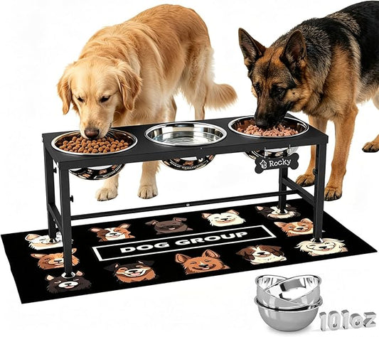 Extra Large Elevated Dog Bowls, 4 Adjustable Height with Three 101oz/3000ml Large Stainless Steel Bowls and Splash pad, Raised Dog Bowl Stand for Large and Extra Large Breeds by ADENGL