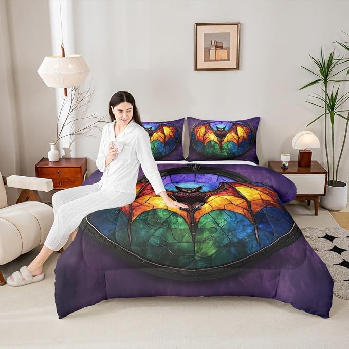Manfei Halloween Bat Comforter Set King Size,Mystic Bat Wild Animal Bedding Set for Kids Girls Boys Room Decor,Spider Web Geometric Soft Duvet Insert for All Season,2 Pillowcase,Dark Purple Green - Image 2