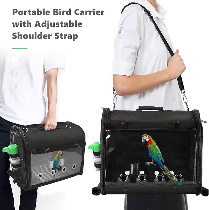 Bird Carrier Bag with Stand, Lightweight Backpack for Parrot, Portable Cockatiel Travel Cage with Accessories, Pet Transparent Breathable Carrier, Black - Image 4
