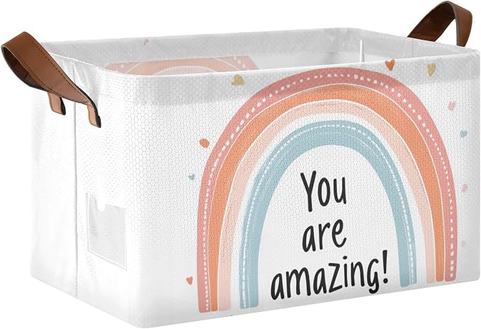 You Are Amazing Quoted Rainbow Positive Baby Storage Basket with Labels&Handles Rectangular Nursery Storage Bins Collapsible Shelf Organizer Baskets for Kids Books Cloth Gift Basket Toys Laundry by Unknown
