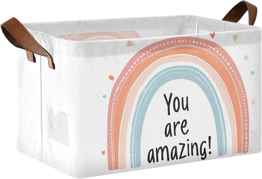 You Are Amazing Quoted Rainbow Positive Baby Storage Basket with Labels&Handles Rectangular Nursery Storage Bins Collapsible Shelf Organizer Baskets for Kids Books Cloth Gift Basket Toys Laundry by Unknown