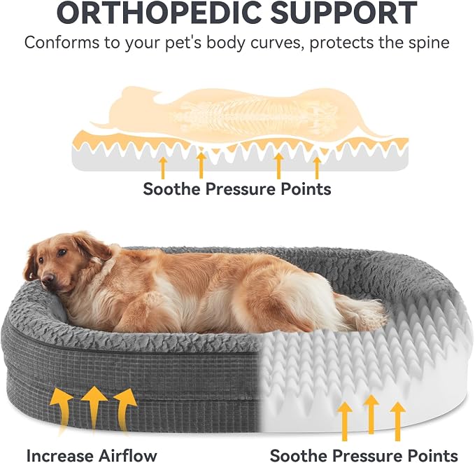 JOEJOY Orthopedic Dog Beds Large Sized Dog, XL Egg-Crate Memory Foam Pet Couch Bed with Bolster Sides, Waterproof Lining, Removable Washable Cover & Non-Slip Bottom, Grey - Image 2