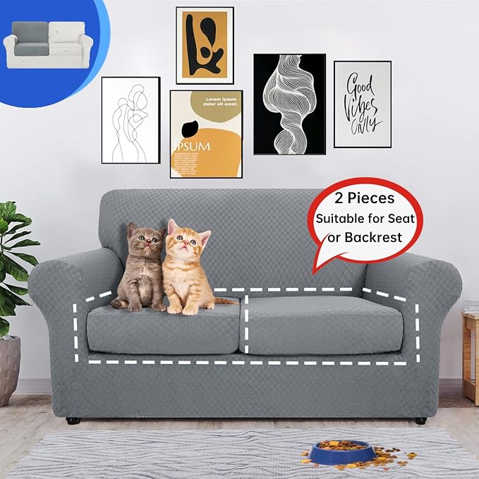 YEMYHOM 【Clearance】 Stretch Individual Cushion Covers Sofa Loveseat Seat Cushion Slipcovers Soft Couch Cover Replacement Large Checkered Furniture Protector with Elastic Bottom (2 Pc, Light Gray) - Image 7