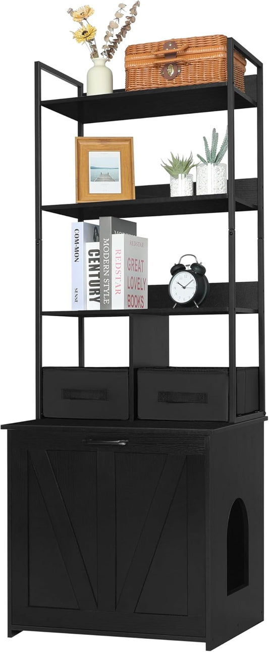DWANTON Litter Box Enclosure with 3 Storage Shelves and 2 Drawers, 2-in-1 Hidden Cat Litter Box Enclosure Furniture with Shelf, Reversible Entrance, Washable Drawers, 61.8-Inch, Black by DWANTON