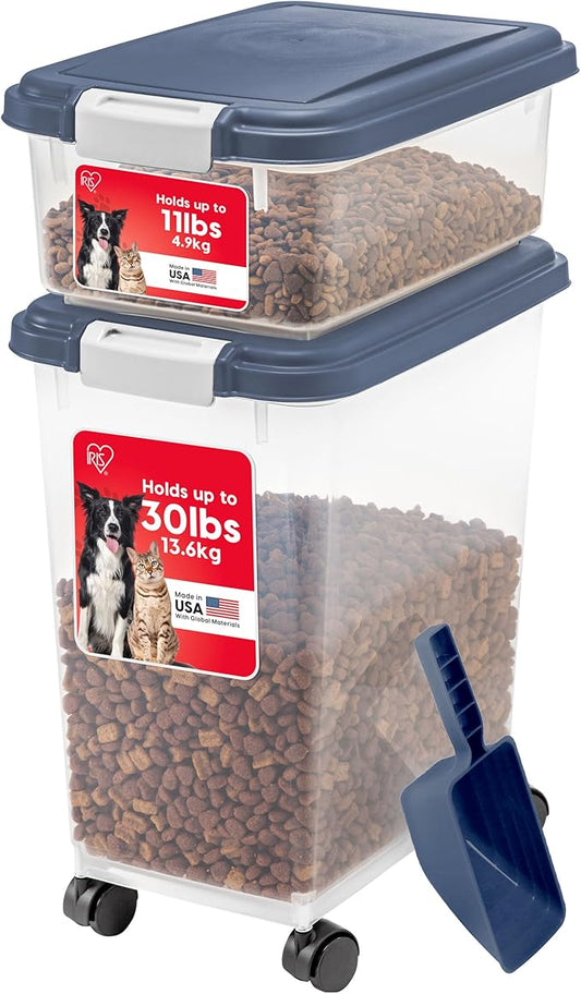 IRIS USA Dog Food Storage Container, 30 lbs & 11 lbs Combo, Cat Food Storage Container, Dog Treat Container, Airtight, Stackable, 2-Cup Scoop, Wheels, Easy Mobility, Navy by IRISUSA