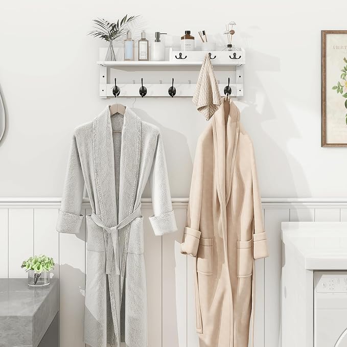 Homode Coat Rack Wall Mount with Hooks and Mail Holder | Entryway Floating Shelf with Key Hooks, Hanging Coat Hanger for Entry, Bathroom, Hallway, Bedroom, White - Image 6