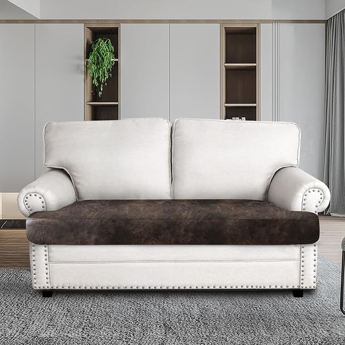 ANARACHON Leather Look Couch Cushion Covers Sofa Seat Slipcovers Sets Couches Furniture Protector for Sectional Armchair Loveseat Pets Kids Stretch Spandex Fabric (1 T-Cushion loveseat, Brown) - Image 2