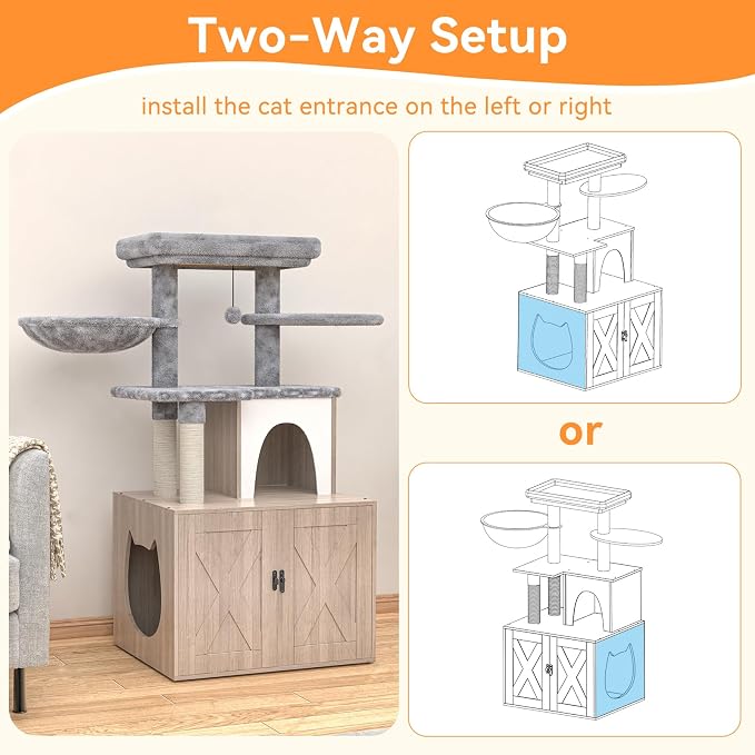 HavenlyYouth Litter Box Enclosure with Cat Tree,Cat Tree with Litter Box Enclosure,Hidden Pet Washroom Furniture with Sisal Scratching Post,Hammocks,Condo,Multiple Platform,Soft Plush Perch, Grey - Image 6