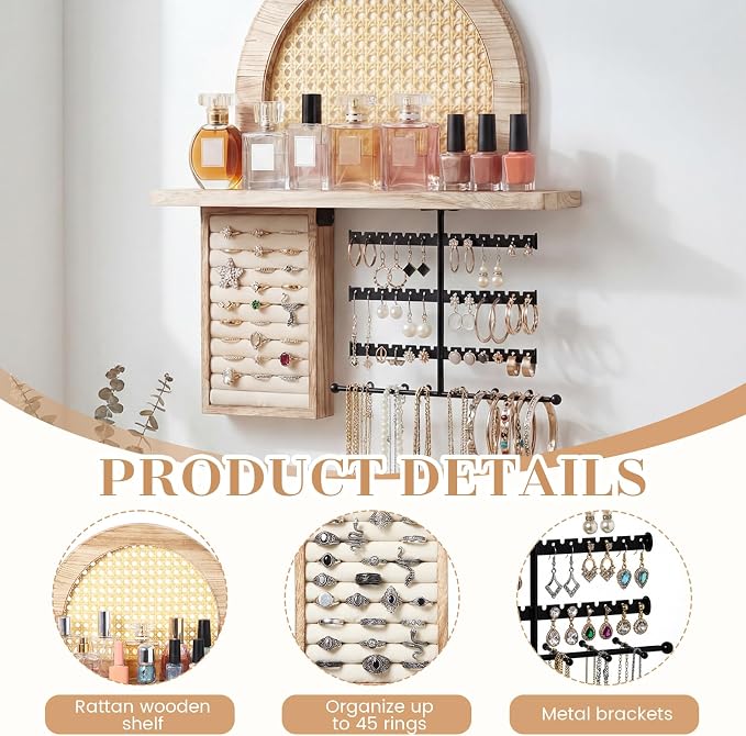 AceOrbit Hanging Jewelry Organizer Wall Mounted with Rustic Wood Rattan Shelf Wooden Ring Display Box Large Boho Jewelry Holder for Necklaces Bracelet Earrings Rings Storage - Image 3