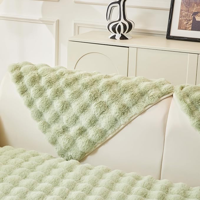 DREAMINGO Faux Fur Couch Backrest Cover, Soft Plush Sofa Covers for Pet Washable, Non Slip Furniture Protector for 2-3 Cushion Couch Sofa, 35.4x35.4 Inch, Green by DREAMINGO