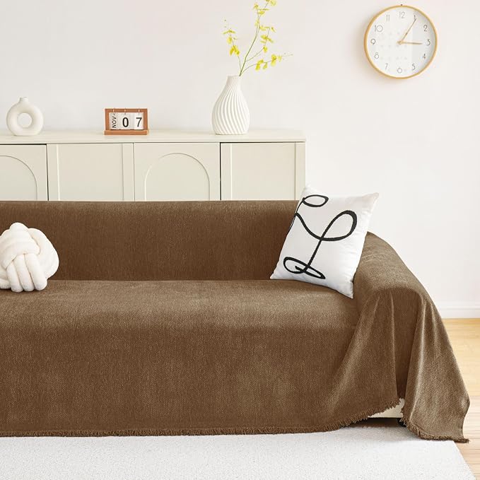 hyha Couch Cover for Dogs, Boho Chenille Sofa Cover for 3 Cushion Couch | Anti-Scratch Washable Sofa Slipcover, Loveseat Sectional Couch Throw Blankets with Tassels (Chocolate, 71x102 Inch) - Image 2