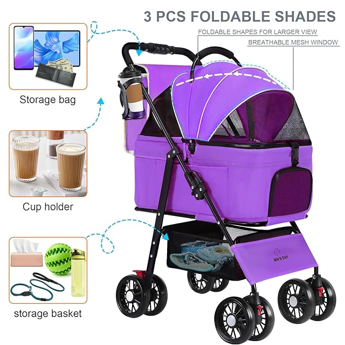 3 in 1 Pet Dog Stroller for Small Medium Dogs 10-50 lbs, Foldable Cat-Strollers for 2-Cats with Removable Carrier, Pet-Strollers for Cats with Storage Bag, Small Puppy-Stroller, Dog-Cart (Purple)