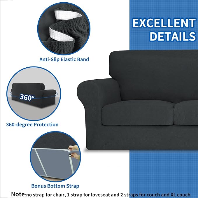 MAXIJIN 4 Piece Couch Covers for 3 Cushion Couch Sofa Covers, Stretch Couch Slipcovers for Sofas with 3 Cushions, Thick 3 Seat Furniture Protector for Dogs Pet (71"-91", Gray) - Image 4