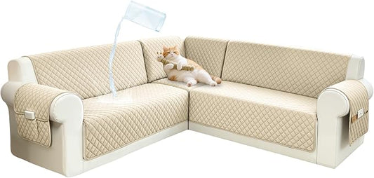 Sectional Couch Covers for Dogs 100% Waterproof Corner L Shaped Sofa Cover Pet Friendly Velvet Washable Anti Slip L Shape Modular Sofa Slipcover Protector with Pockets (Beige, XX-Large) by SYJOVIA